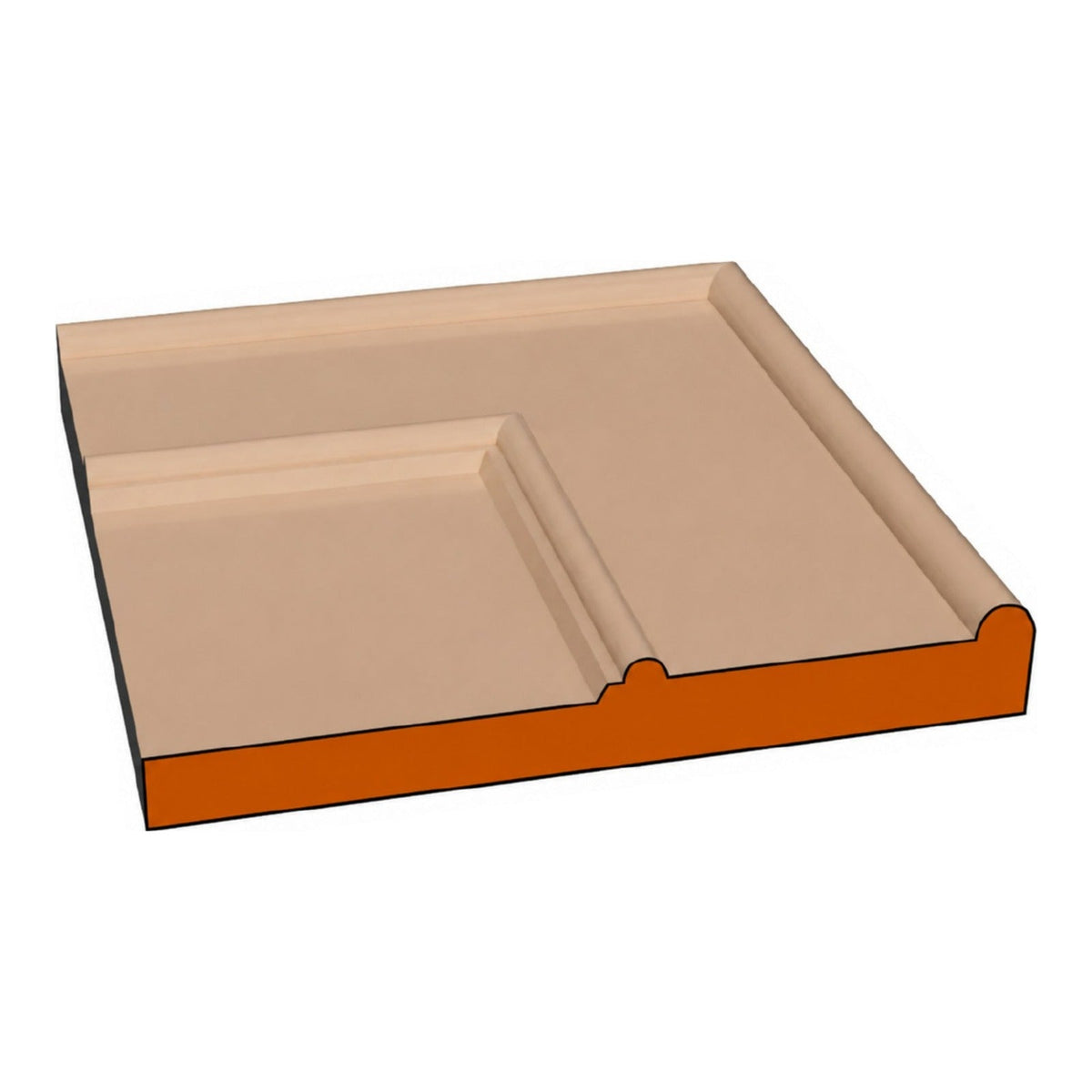 Fresno one-piece CNC-routed MDF cabinet door edge profile cross-section, paint-grade unfinished MDF, made by Artisan Studio in Conroe, Texas